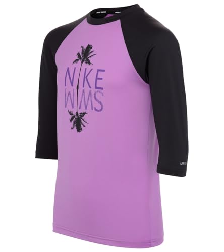 Nike Swim Girls' Palm Logo Short Sleeve Hydroguard Rash Guard Fuchsia Glow, LG (14-16 Big Kids), Fuchsia Glow