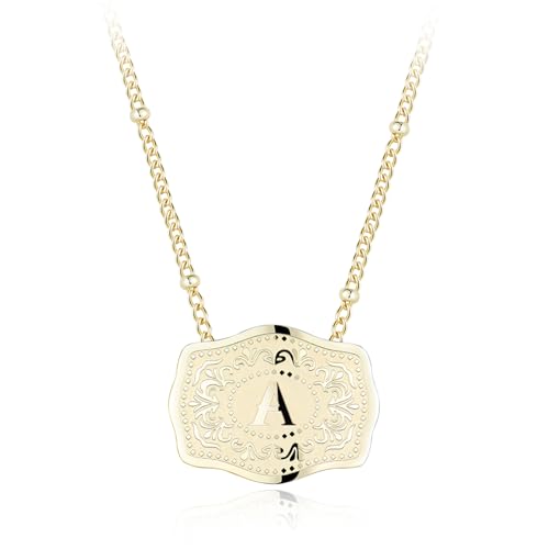 Holylegend 14K Gold-Plated Initial Letter Pendant Necklace with Embossed Belt Buckle, Western Cowgirl Initial Necklace for Women, Buy 1 Get 2 Chains, Personalized Jewelry Gift for Women and Men