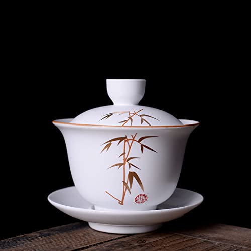 Image of Liang baobao Porcelain Gaiwan 8oz Teacup White Glazed Tureen Chinese Sancai Cover Bowl Lip Cup Saucer Set (Bamboo)