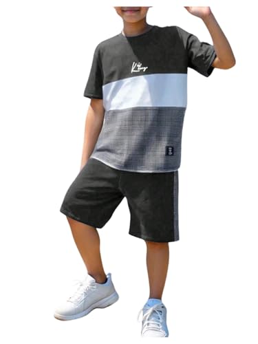 Floerns Boy's 2 Piece Outfit Striped Colorblock Short Sleeve T Shirts with Track Shorts Set