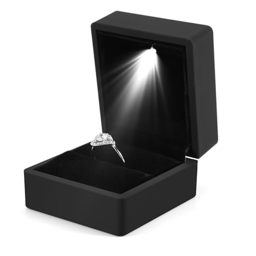 Saluaqui Caja de Almacenamiento de Anillos con Luz LED de Moda - Elegante Vitrina de Joyería con Carcasa de Goma Resistente - Caja de Anillo de Compromiso Roja con Felpa Negra (BLACK) - imagen 8