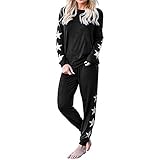 Frauen Star Print Set Mode Casual Loose Home Langarm-Hose Anzug Sportsachen Mädchen (Black, S)