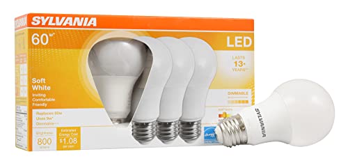 Sylvania LED A19 Light Bulb, 60W Equivalent, Efficient 9W, Medium Base, Dimmable Frosted 2700K Soft White, 4 Pack
