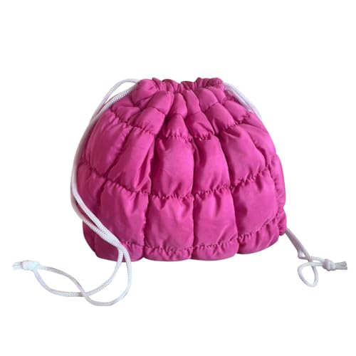 TUBGIIKS Small Drawstring Quilted Makeup Bag for Women Girls, Cute Puffer Skincare Cosmetic Organizer Case, Make up Pouch Purse, Portable Travel Toiletry Essentials and Accessories (Hot Pink)