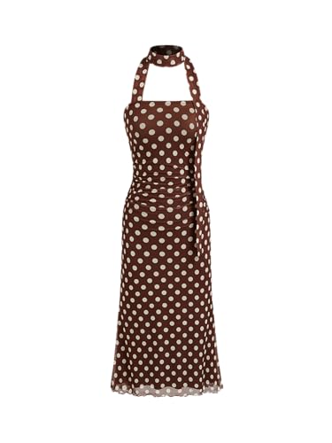 CIDER Women Polka Dot Ruched Midi Dress Halter Neck Sleeveless Cocktail Party Middle Waist Dresses