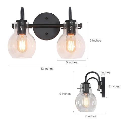 Image of KSANA Black Bathroom Light Fixtures, 2-Light Modern Farmhouse Black Vanity Lights with Clear Glass Shade Over Mirror for Hallway, Kitchen, Bedroom, and Living Room