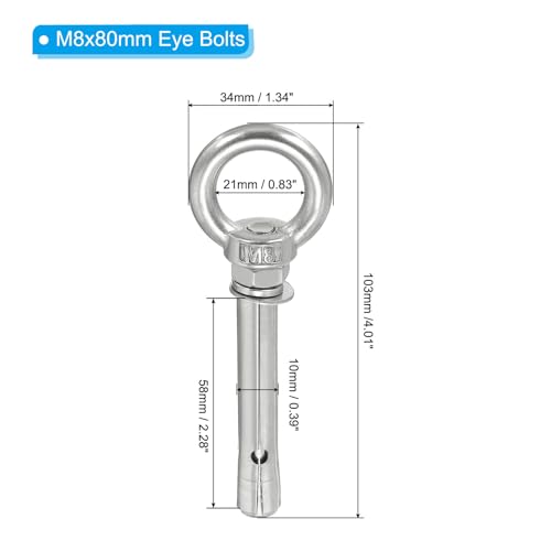 Image of PATIKIL Expansion Eye Bolt M8x80mm, 4 Pack 304 Stainless Steel Shoulder Anchors Eyebolt Screw with Eye Ring for Concrete Brick Walls Canopy Engineering Rigging Silver