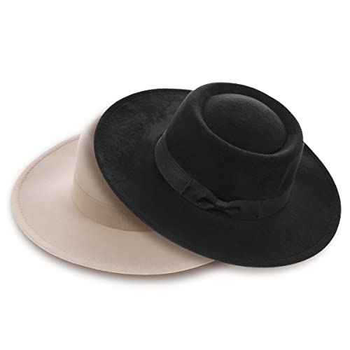 Porsyond Unisex Wide Brim Felt Fedora Hat Men Women Panama Jazz Hat Trilby Hat With Bowknot Band (Beige) #TOP6