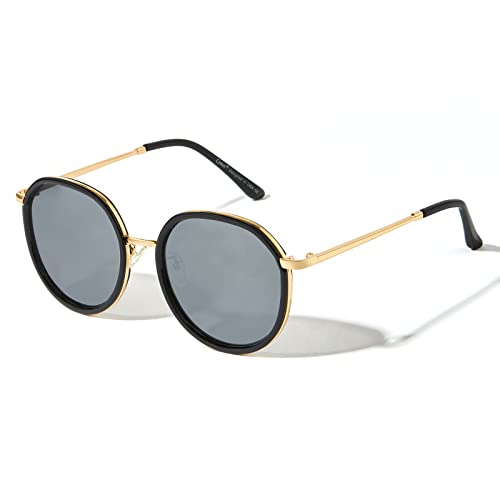 Cyxus Lunette de Soleil pour Femme, Rétro Lunette de Soleil Polarisé - Anti-UV, Style Vintage, Forme Ronde (Lentille Argenté/Monture Noir)