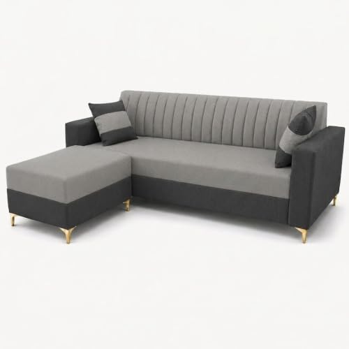 Image of FURNY Signature Regalia 4-Seater L-Shape Sofa Set with Movable Ottoman | Flexible LHS /RHS Layout | Boston Fabric | 40D Foam + Zigzag Spring | 3-Yr Warranty (Ash Grey, Light Grey)