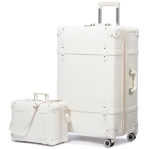 NZBZ Vintage Luggage Sets for Women Retro Suitcase with Wheels TSA Lock Cute Luxury Luggage 2 Pieces (White Quilted, 14inch & 28inch) White Quilted 14inch & 28inch