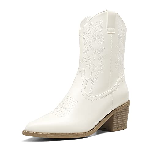 DREAM PAIRS Women's Cowboy Boots, Pointed Toe Chunky Heel, Zipper Pull-On Stitched Western Ankle Boots 8.5 White
