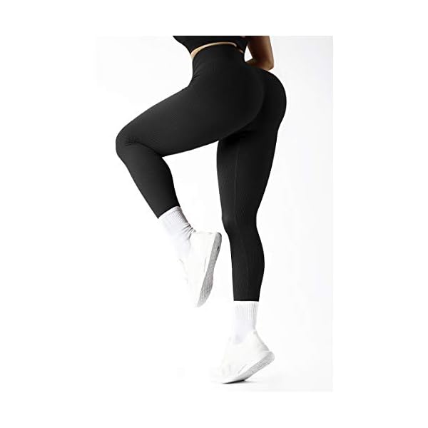 SUUKSESS Women Ribbed Seamless Leggings High Waisted Tummy Control Workout Yoga Pants (Black, L)