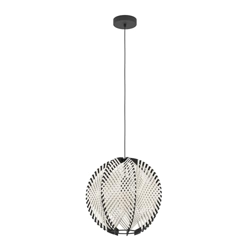 EGLO Hängelampe Waverton, Pendelleuchte über Esstisch, Esszimmerlampe 1-flammig aus Metall und Holz in Schwarz, Textil in Weiß, Hängeleuchte mit E27 Fassung, Ø 40 cm