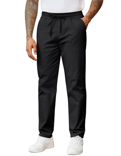 COOFANDY Mens Elastic Waist Pants Casual Drawstring Cotton Twill Pant Relaxed Fit Straight Leg Chino Slacks with Pockets Black