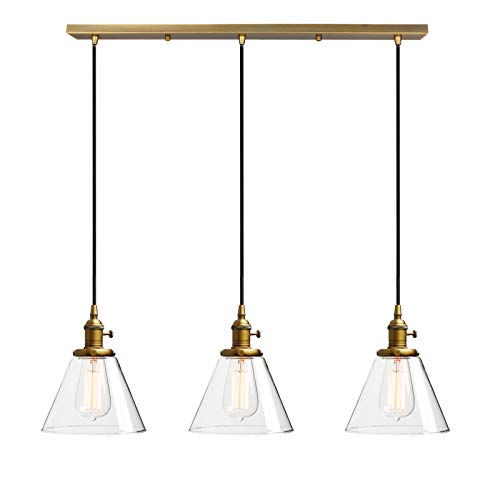 Phansthy Lustre, en verre transparent, pour 3 ampoules, design rétro moderne, suspension vintage, style rétro classique, couleur : antique