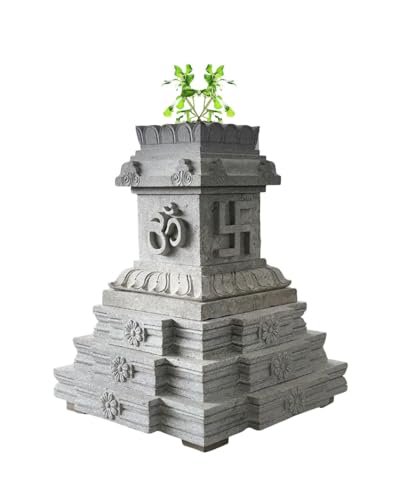 Image of Sri Kanchi Temple Works | Stone Tulasi Maadam | Temple Style Structure | Size -36 * 36 * 36 inches with peedam | Brindavan Top Kudu Design Ohm Swastik Sign | Indoor and Outdoor Tulasi Pot |