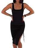 ❀ Design: Sexy Bodycon kleid, Schulterfrei ärmellos Partykleid, Einfarbig U Ausschnitt Midikleid, Strandkleid Mit Kordelzug. Das design mit hoher Taille zieht die taille hoch und zeigt die schmalste taille