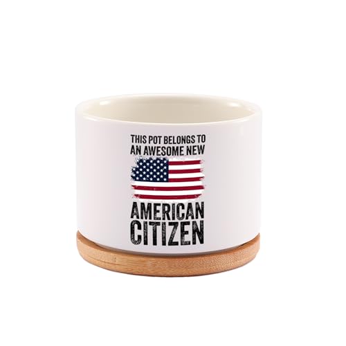 Loovelo This Pot Belongs to an Awesome New American Citizen Ceramic Succulent Plant Pot with Bamboo Tray Round Citizenship Gifts American Flag Plant Lover Gifts Home Decor 3.5 Inch White (No Plants)