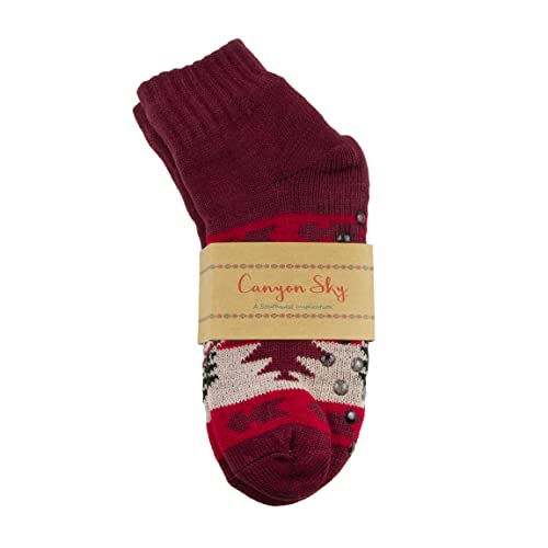 Southwest Sky Women's Sherpa Slipper Socks with Grips in Burgundy, Size 9-114