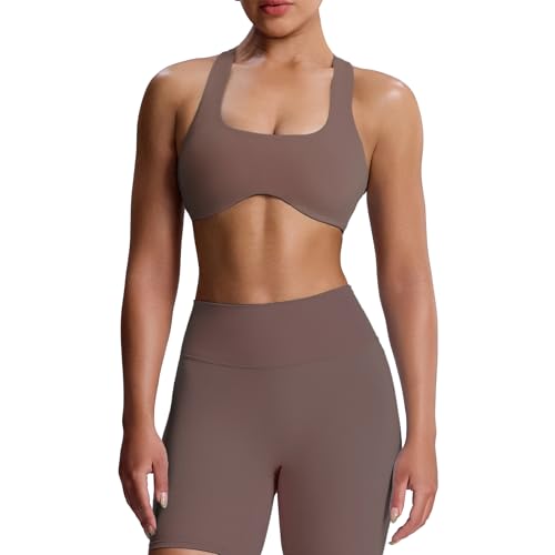 Aoxjox Brasier Deportivo de Entrenamiento para Mujer, sin Espalda, Acolchado, con Espalda Cruzada, sin Espalda, para Yoga, Fudge Coffee, Small