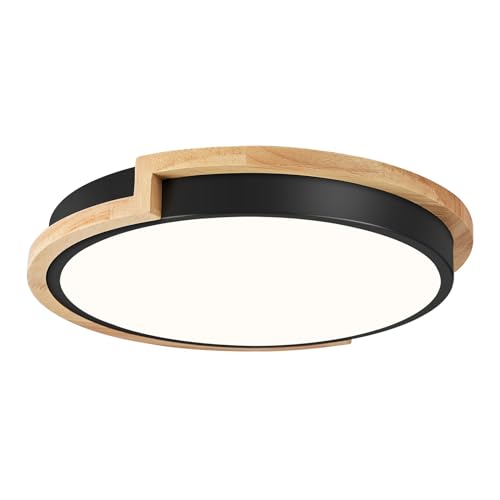 Peblto Modern LED Close to Ceiling Light, Round Shape Flush Mount Ceiling Light Fixture, Matte Black with Wood Accent, Minimalist Kitchen Lighting for Bedroom, Entryway, Laundry Room, Hallway 11.8in