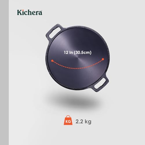 Image of Kichera Pre-Seasoned Cast Iron Dosa Tawa 12 Inch | Super Smooth Polished Surface, Dual Handles & Induction Compatible | Naturally Non-Stick, Pure & Toxin-Free Roti Pan for Dosa, Chapati, Paratha