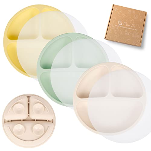 Image of Mia Li Suction Plates for Baby – Set of 3 Toddler Plates with Suction – Cute and Colorful Silicone Plates for Weaning – Ideal for Baby Feeding, Food Storage (Sand, Sage & Honey with Lids)