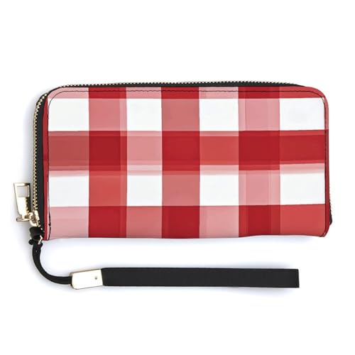 Red Checkered White Squares Wristlet Long Wallet Womens Purse Zip Clutch Large Capacity Leather Purse Credit Coin Purse