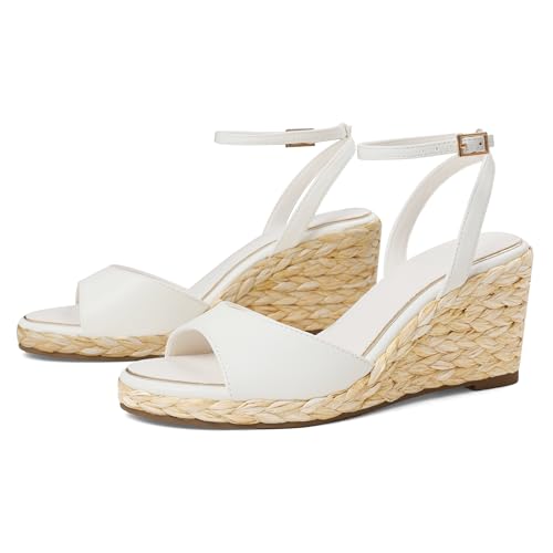 Image of Marc Ford Wedge Sandals For Women Raffia Espadrille Platform Wedges Summer Comfort Sandals Ankle Strap Stylish Open Toe Beach Vcation Raffia Wedges Heels 3 inch