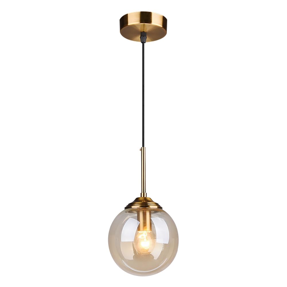TTBDDDYH Nordic Industrial Style Pendant Lamp, E26 Light Source Single Head Hanging Light, Spherical Amber Glass Chandelier, Restaurant Living Room Bedroom Decoration Light Fixtures