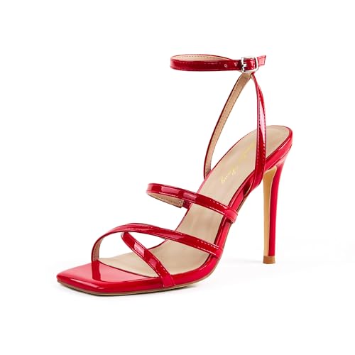 Image of Elisabet Tang Women's Crystal Stilettos Heeled Sandals, 4 Inch Square Open Toe Strappy Sexy High Heels Ankle Strap Buckle Heels for Party Wedding Dress Daily Wear Shoes