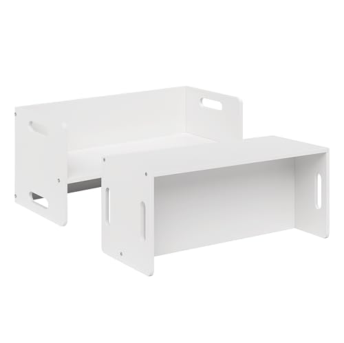Bellabino Aki 2in1 Kindersitzbank und Kindertisch, 2X Wendebank für Kinder, Montessori Sitzbank aus Holz, Bank mit 3 Sitzhöhen Birke Weiß 180 Grad drehbar, 80 x 35 x 35 cm