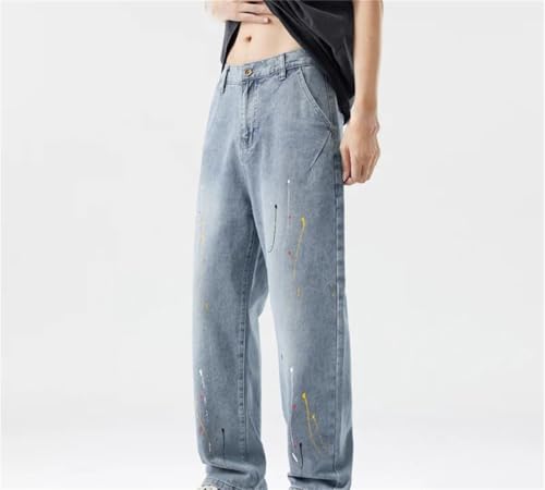 Men's Paint Splatter Straight Jeans Personalized Korean Fashion Baggy Wide Leg Denim Trousers2