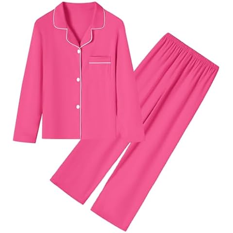Umeyda Girls Modal Button Down Pajamas Set, 2Pj Nightwear Sleepwear for Kids 2 Pcs Loungewear, Hot Pink, 7-8 Years = Tag 140 Cover