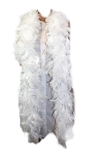 60 Gram, 2 yards Long Chandelle Feather Boa Great for Party, Wedding, Halloween Costume, Christmas Tree, Decoration(White w/silver)