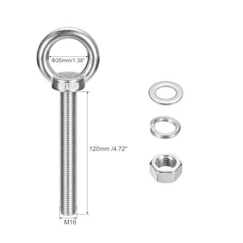 Image of uxcell Lifting Eye Bolt, 4 Sets M16 x 120mm Eye Bolt with Nut Washer 304 Stainless Steel Shoulder Lifting Ring Eye Bolt for Hanging Item