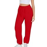 Pantalones de cintura elástica para mujer con bolsillo, pantalones deportivos holgados de forro polar con bolsillos, pierna ancha y recta, cintura alta, pantalones deportivos con cordón, ropa de