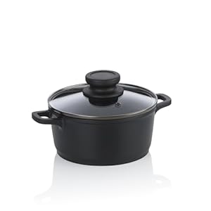 kela Fleischtopf 16 cm mit Glasdeckel ATURA, Kochtopf klein 1 Liter, Topf Induktion, Aluguss keramisch beschichtet, PFAS frei, schwarz