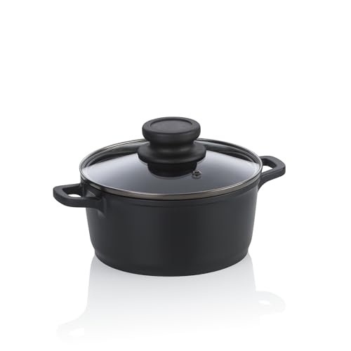 kela Fleischtopf 16 cm mit Glasdeckel ATURA, Kochtopf klein 1 Liter, Topf Induktion, Aluguss keramisch beschichtet, PFAS frei, schwarz