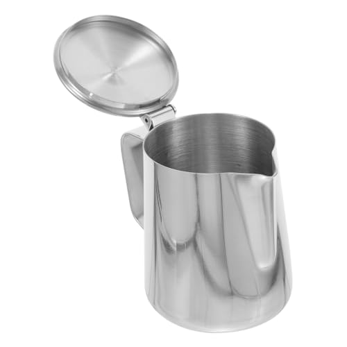 healvian ステンレス製ミルク泡立てピッチャー 蓋付きコーヒーフロスティングカップ 滴りにくい注ぎ口付きラテアート用家 業務用