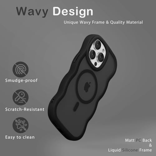 Magnetic for iPhone 13 Pro Max Case, Compatible with Magsafe Wavy Frame Cute Translucent Matte Hard Back Silicone Bumper Shockproof Phone Case for iPhone 13 Pro Max Women Girls, Black - Image 6