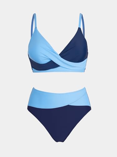 CUPSHE Bikini Sets for Women Two Piece Swimsuits High Waisted Twist Front Adjustable Spaghetti Straps V Neck Back,L