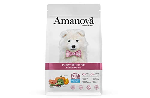 Amanova Cibo Secco Super Premium per Cuccioli con Pelle e Pelo sensibili Gusto Salmone - 100% Naturale, ipoallergenico e monoproteico - Grain Free - Cruelty Free - Formato da 7 kg