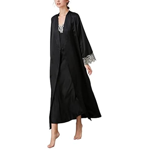 Aivtalk Silk Nightgown for Women Satin Long Lace Nightdress Spaghetti Strap Sexy Full Slip Sleeveless Nightgowns Loungewear Elegant Comfortable Chemise Nightwear Black Cover