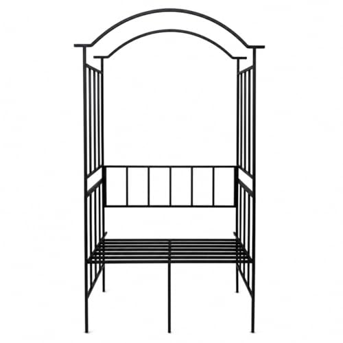 Image of ecofynd 6.8 Feet High 3.8 Feet Wide Garden Arch with 2-Seater Bench, Metal Arbor Trellis for Climbing Plant with Outdoor Garden Chair, Backdrop Stand for Wedding Lawn Backyard Party Decor (GC004-BLK)