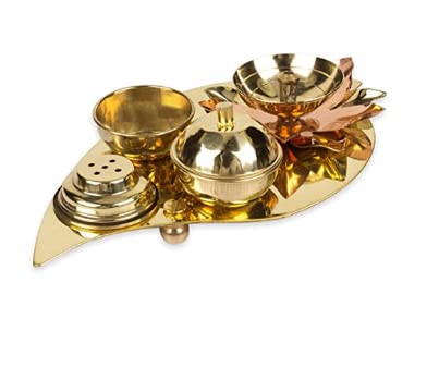 Brass Leaf Shape Platter Pooja Thali Set Combo with attached Diya Agarbatti Holder,Roli Holder,Akshat Holder Indian Antique Décor for Home Temple Festival Diwali Decoration and Gifting (Pooja Platter)