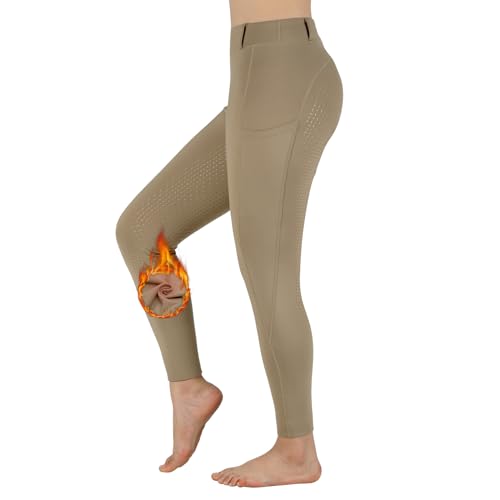 Turnhier Women Winter Riding Equestrian Pants Fleece Lined Equestrian Breeches Horseback Silicone Pockets (Khaki-S)