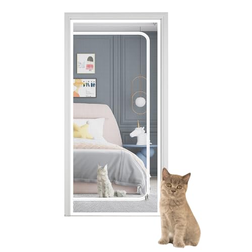 SHRRL Puerta mosquitera reforzada para gatos de 110 cm x 220 cm, puerta mosquitera resistente a prueba de mascotas con cremallera, evita que los perros y gatos se queden fuera de casa, color blanco