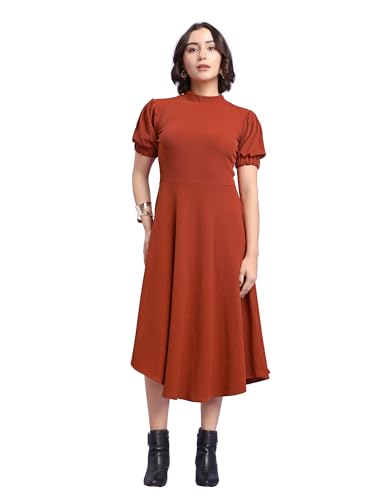 Image of PURVAJA Women's Fit & Flare Knee Length Short Sleeve Turtle Neck Solid Dress